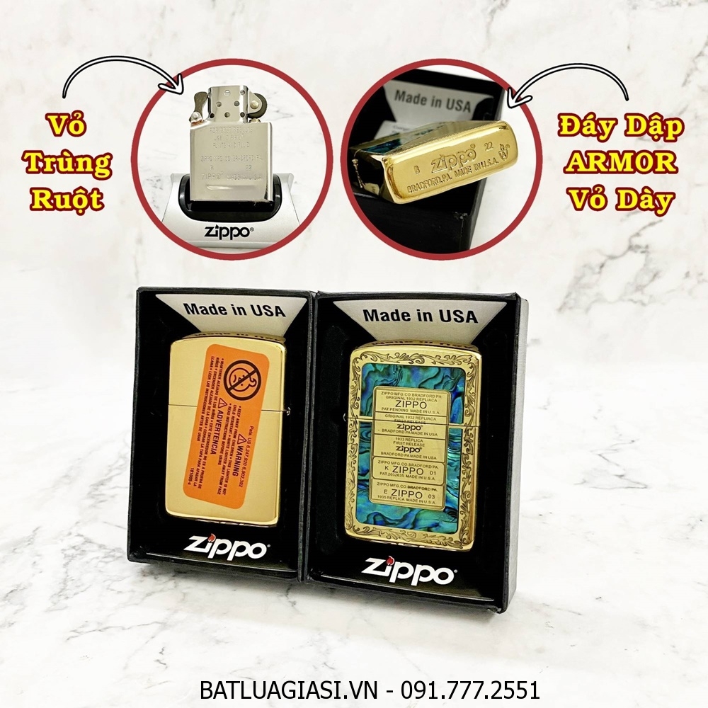 BẬT LỬA ZIPPO MỸ KHẢM XÀ CỪ KHẮC 5 MỘC ĐÁY ZIPPO QUA CÁC THỜI KỲ (ZIPPO ARMOR VỎ DÀY) - RUỘT USA (CÓ TEM ĐỎ) - (XÀI XĂNG)