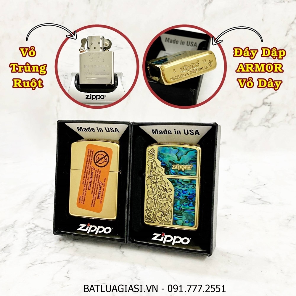 BẬT LỬA ZIPPO MỸ KHẢM XÀ CỪ KHẮC HOA VĂN ĐỨNG (ZIPPO ARMOR VỎ DÀY) - RUỘT USA (CÓ TEM ĐỎ) - (XÀI XĂNG)