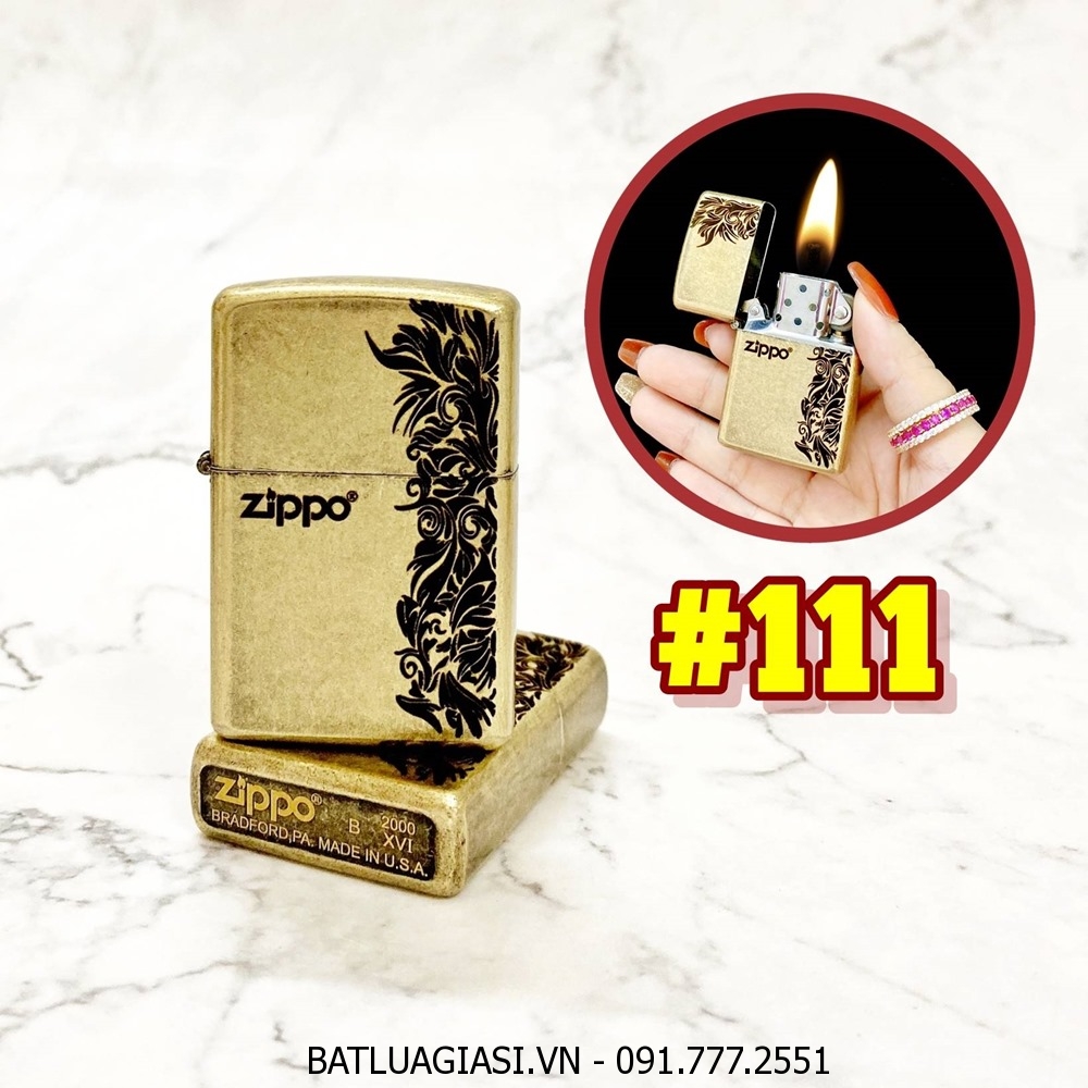 BẬT LỬA ZIPPO VÀNG CỔ HÌNH HOA VĂN (CÓ MỘC ĐÁY) - (XÀI XĂNG) #111