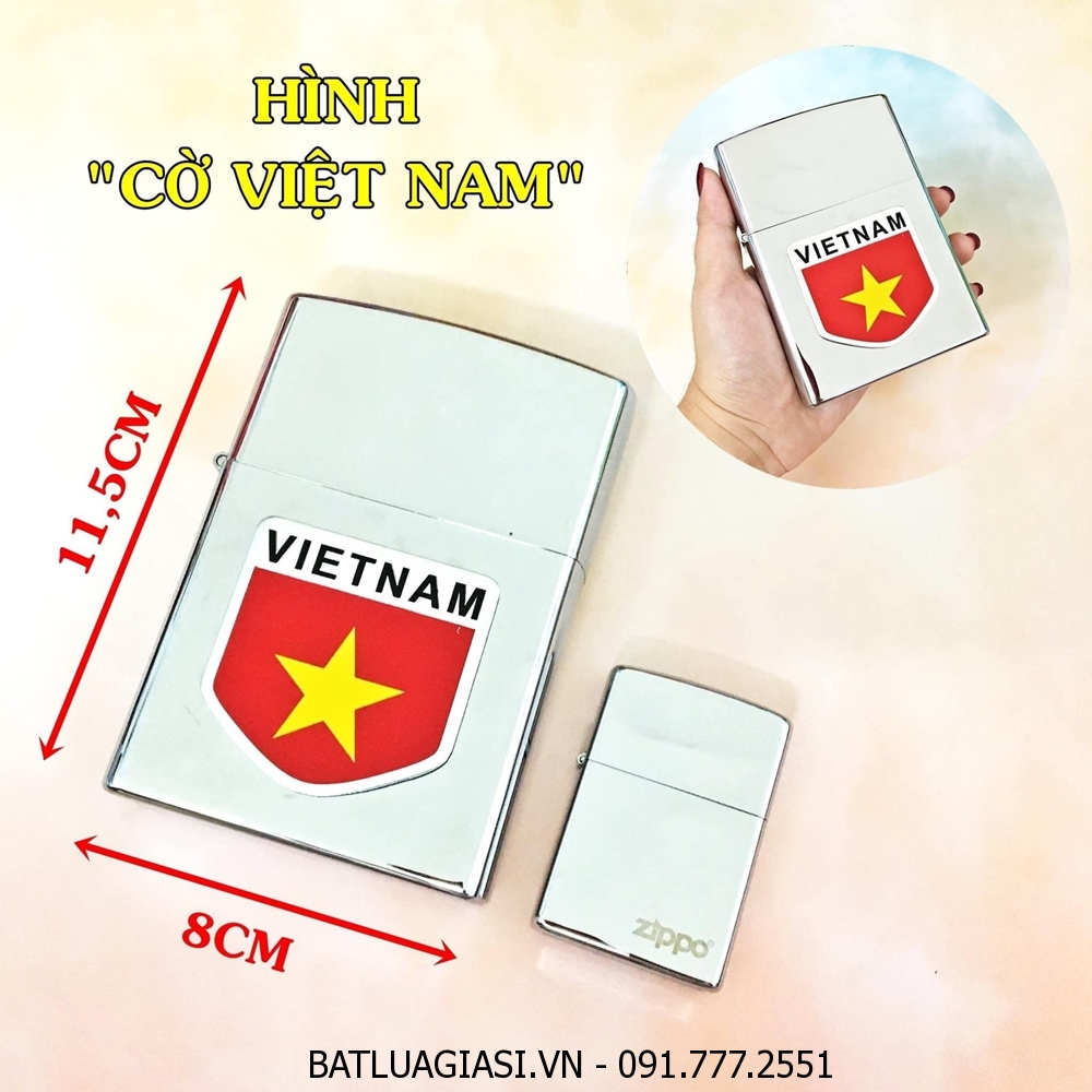 BẬT LỬA ZIPPO KHỔNG LỒ BẠC BÓNG HÌNH CỜ VIỆT NAM (SIZE: 8CM X 11,5CM) NẶNG: 500 GAM - (XÀI XĂNG)