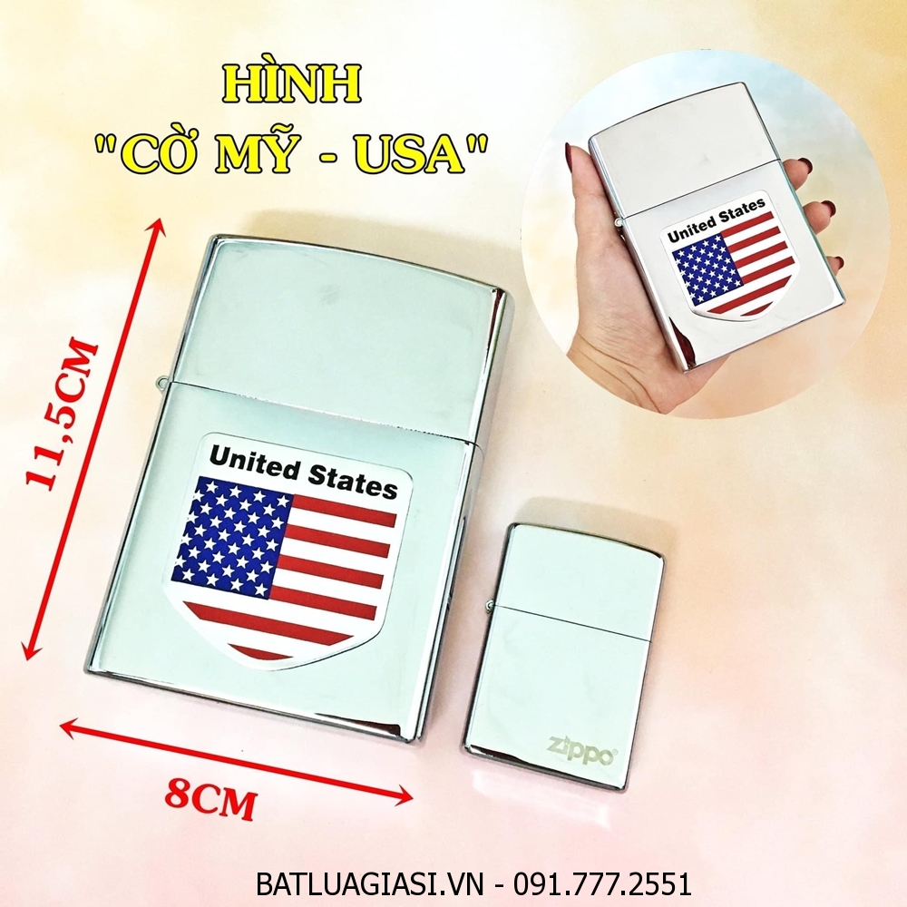 BẬT LỬA ZIPPO KHỔNG LỒ BẠC BÓNG HÌNH CỜ MỸ (SIZE: 8CM X 11,5CM) NẶNG: 500 GAM - (XÀI XĂNG)