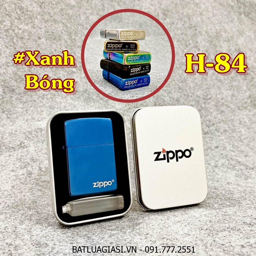 BẬT LỬA ZIPPO TRƠN BÓNG (CÓ MỘC ĐÁY) (HỘP THIẾC KÈM XĂNG) #XANH BÓNG H-84