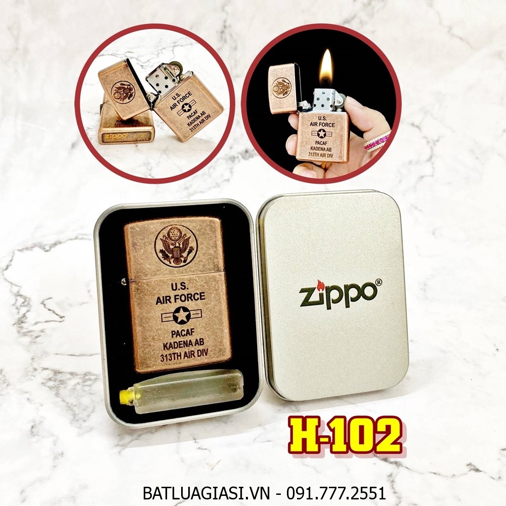 BẬT LỬA ZIPPO ĐỒNG CỔ U.S AIR FORCE (KHÔNG QUÂN MỸ) (CÓ MỘC ĐÁY) - (HỘP THIẾC KÈM XĂNG) H-102