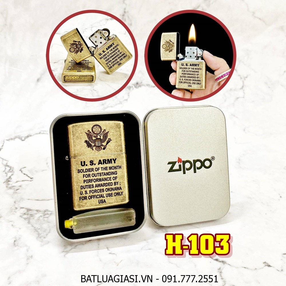 BẬT LỬA ZIPPO VÀNG CỔ U.S ARMY (QUÂN ĐỘI MỸ) (CÓ MỘC ĐÁY) - (HỘP THIẾC KÈM XĂNG) H-103