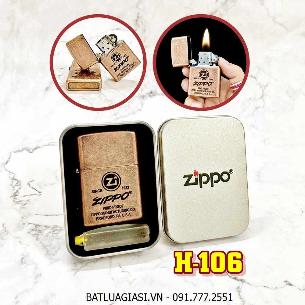 BẬT LỬA ZIPPO ĐỒNG CỔ LOGO ZIPPO CHỮ XÉO (CHỮ NGHIÊNG) (CÓ MỘC ĐÁY) - (HỘP THIẾC KÈM XĂNG) H-106