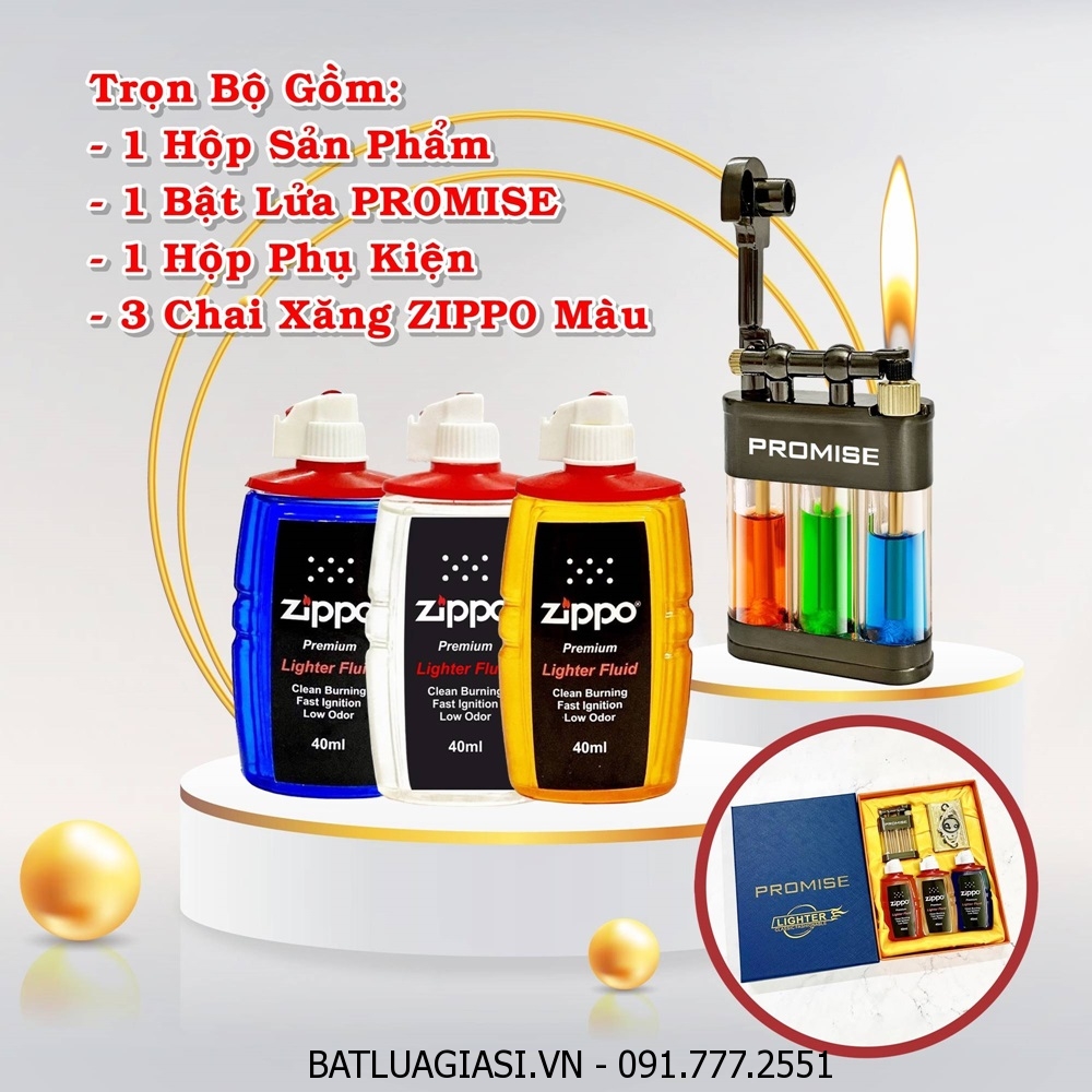 BỘ BẬT LỬA PROMISE XĂNG LỘ THIÊN 3 TRỤ (FULLBOX) - (XÀI XĂNG) #ĐEN