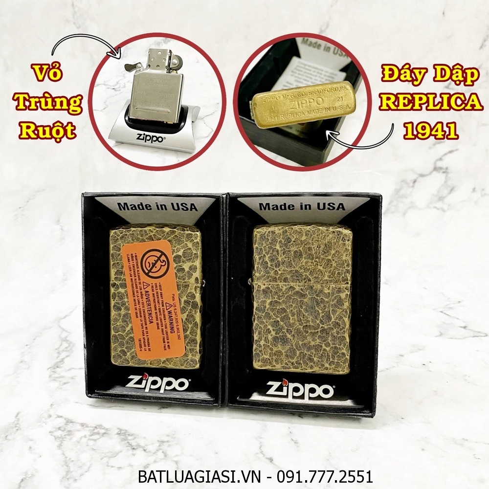 BẬT LỬA ZIPPO MỸ REPLICA 1941 VÂN GÕ BÚA 5 MẶT - RUỘT USA (CÓ TEM ĐỎ) - (XÀI XĂNG) #VÀNG CỔ