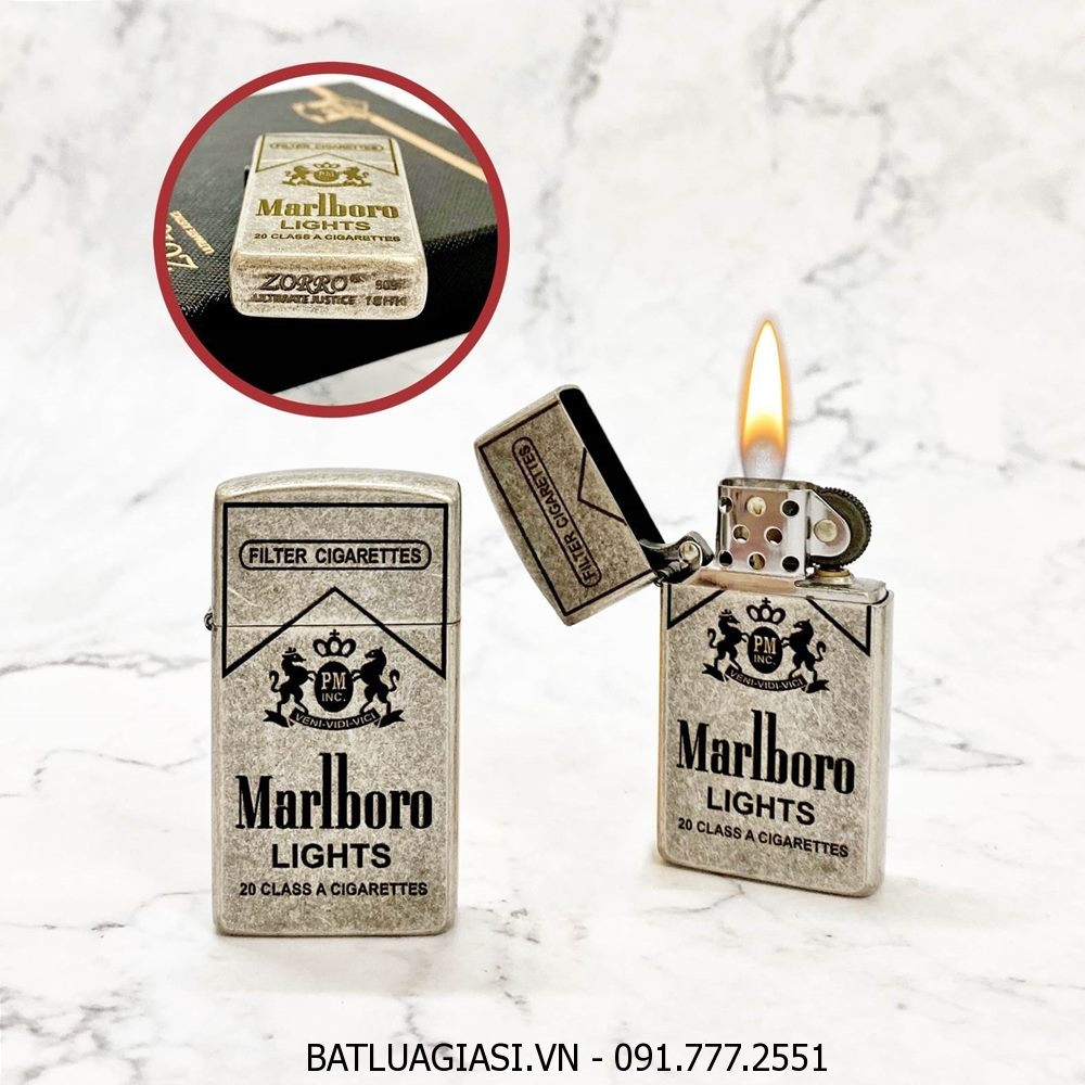 BẬT LỬA ZIPPO SLIM ZORRO - BẠC CỔ LOGO MARLBORO (FULL BOX) - (XÀI XĂNG)