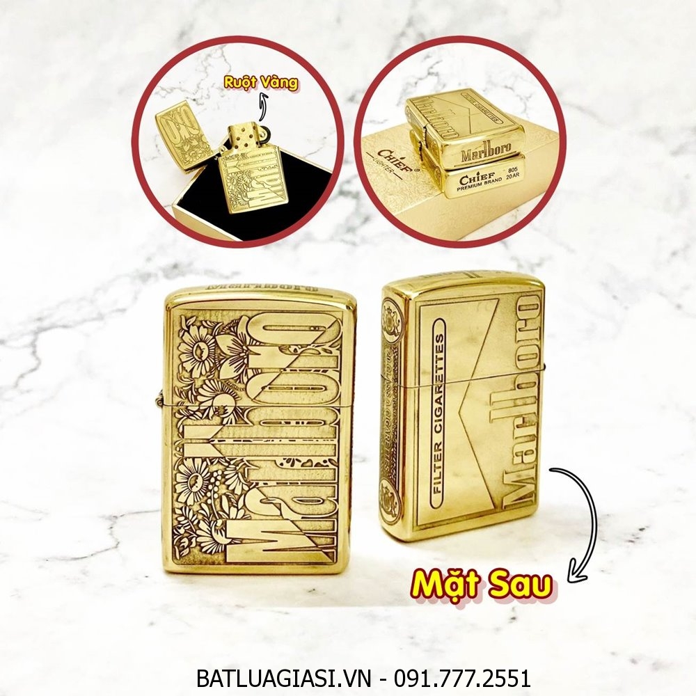 BẬT LỬA ZIPPO CHIEF BÓNG RUỘT VÀNG - KHẮC 5 MẶT LOGO MARLBORO C-6 (FULL BOX) - (XÀI XĂNG)