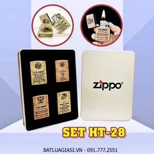 BỘ 4 BÂT LỬA ZIPPO VÀNG CỔ - ĐỒNG CỔ LOGO U.S CÁC KIỂU - (XÀI XĂNG) SET HT-28