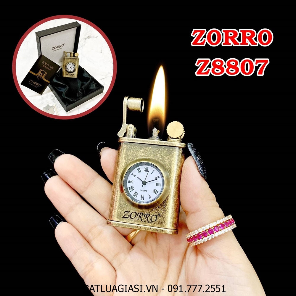 BẬT LỬA XĂNG ĐÁ CỔ - ĐỒNG HỒ 2IN1 ZORRO Z8807 (FULLBOX) - (XÀI XĂNG) #VÀNG CỔ