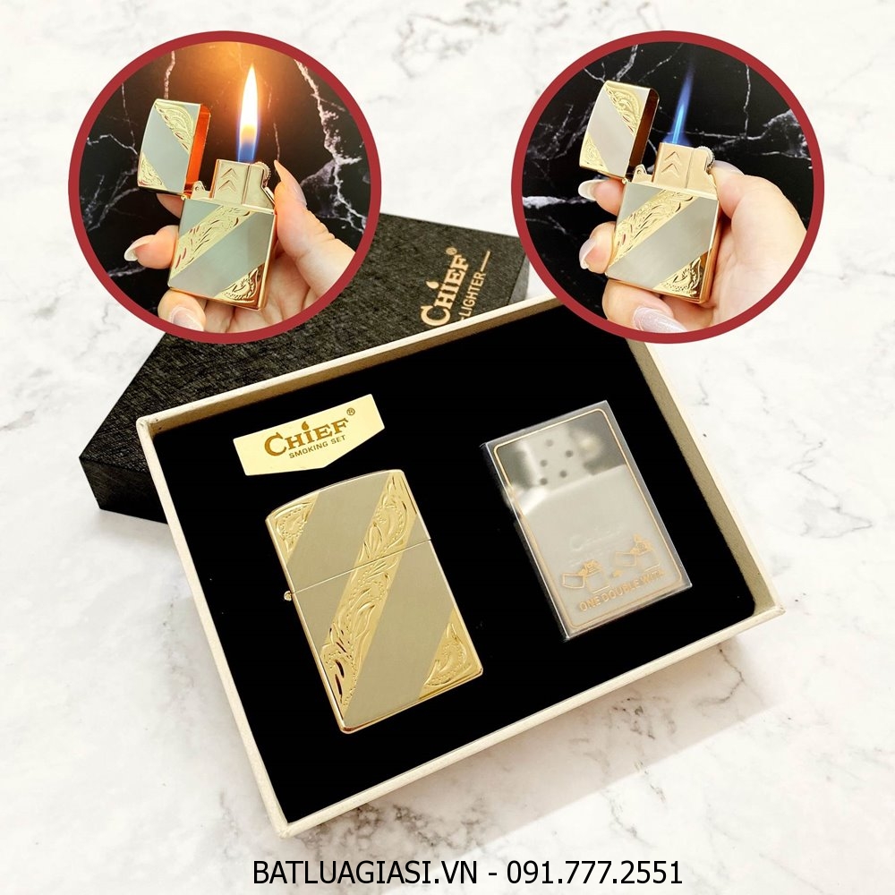 BẬT LỬA CHIEF 2 RUỘT - 3 LỬA HOA VĂN VÀNG BẠC (1 RUỘT ZIPPO XÀI XĂNG - 1 RUỘT 2 LỬA XÀI GAS)