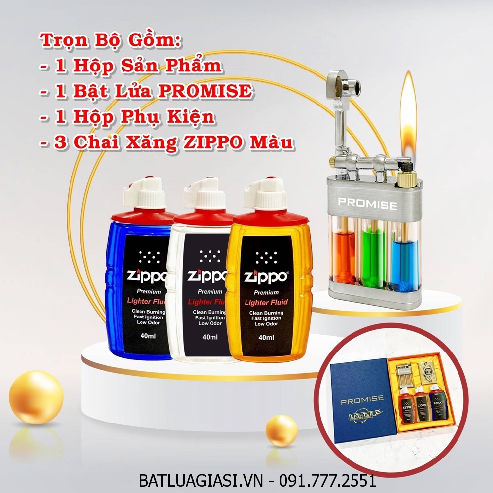 BỘ BẬT LỬA PROMISE XĂNG LỘ THIÊN 3 TRỤ (FULLBOX) - (XÀI XĂNG) #BẠC