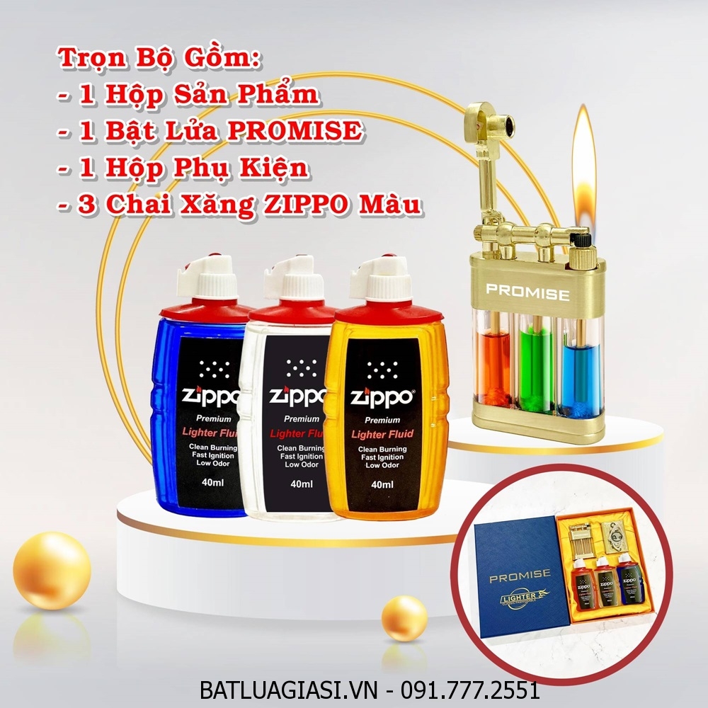 BỘ BẬT LỬA PROMISE XĂNG LỘ THIÊN 3 TRỤ (FULLBOX) - (XÀI XĂNG) #VÀNG