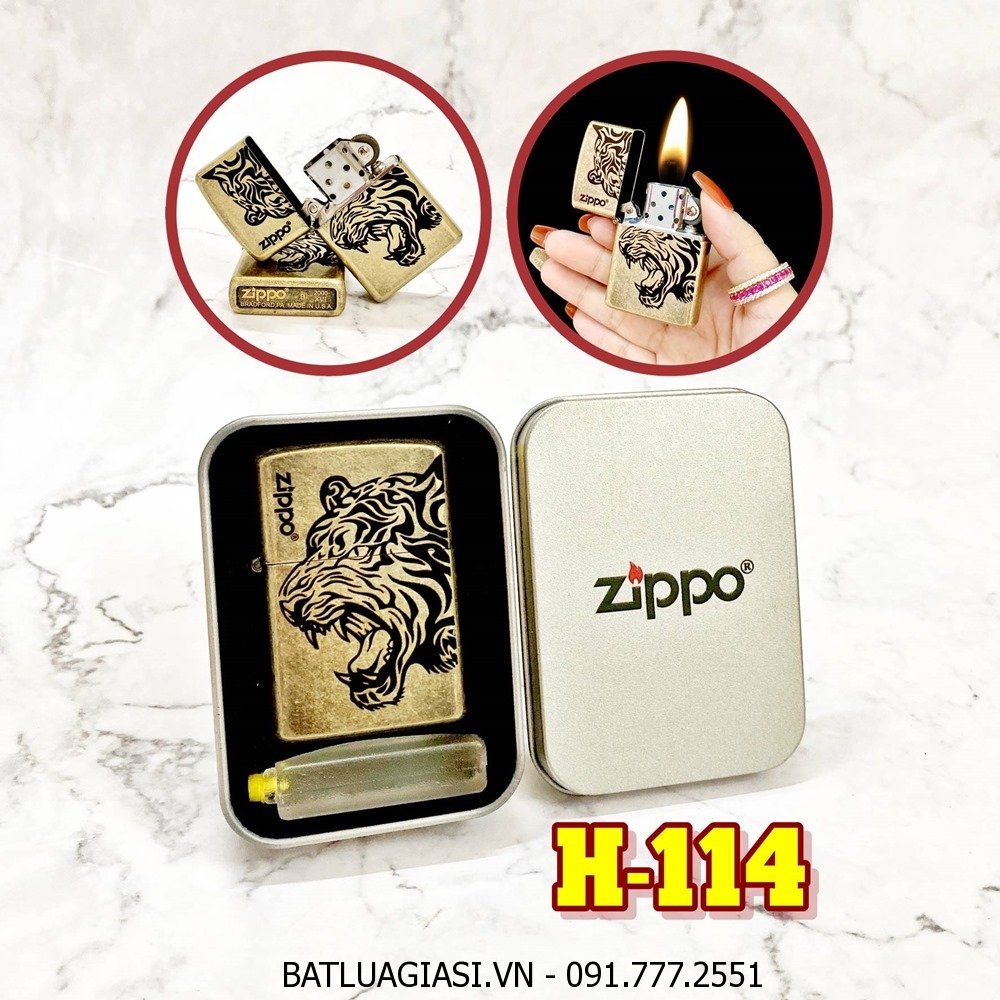 BẬT LỬA ZIPPO VÀNG CỔ HÌNH ĐẦU HỔ (CÓ MỘC ĐÁY) - (HỘP THIẾC KÈM XĂNG) H-114