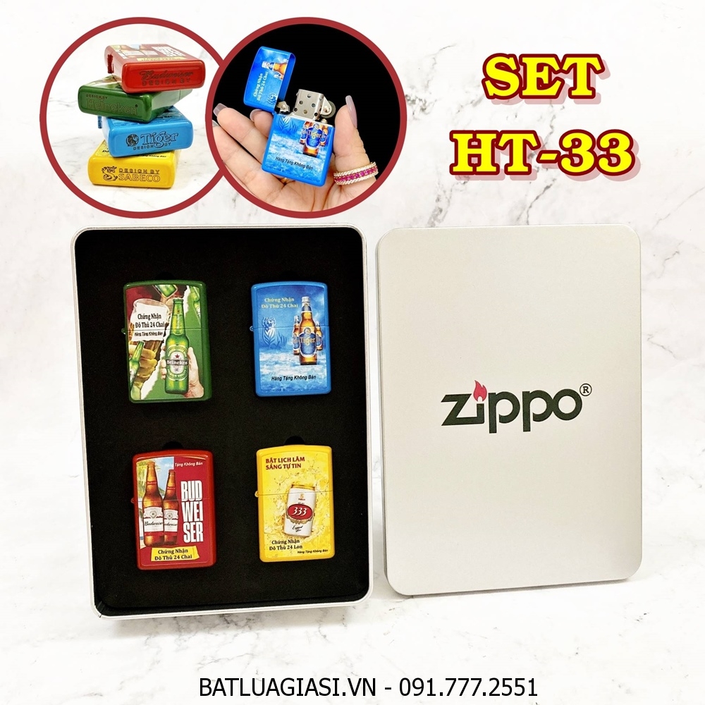 BỘ 4 BẬT LỬA ZIPPO 2 MẶT THƯƠNG HIỆU BIA CÁC KIỂU (HEINEKEN, TIGER, 333, BUDWEISER) (HỘP THIẾC) - (XÀI XĂNG) SET HT-33