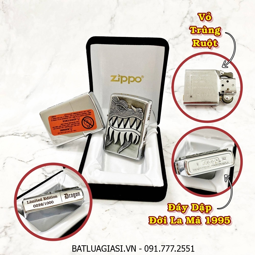 BẬT LỬA ZIPPO MỸ LIMITED EDITION HÌNH ĐẦU RỒNG - ĐỜI LA MÃ 1995 - RUỘT USA (CÓ TEM ĐỎ) - (XÀI XĂNG)