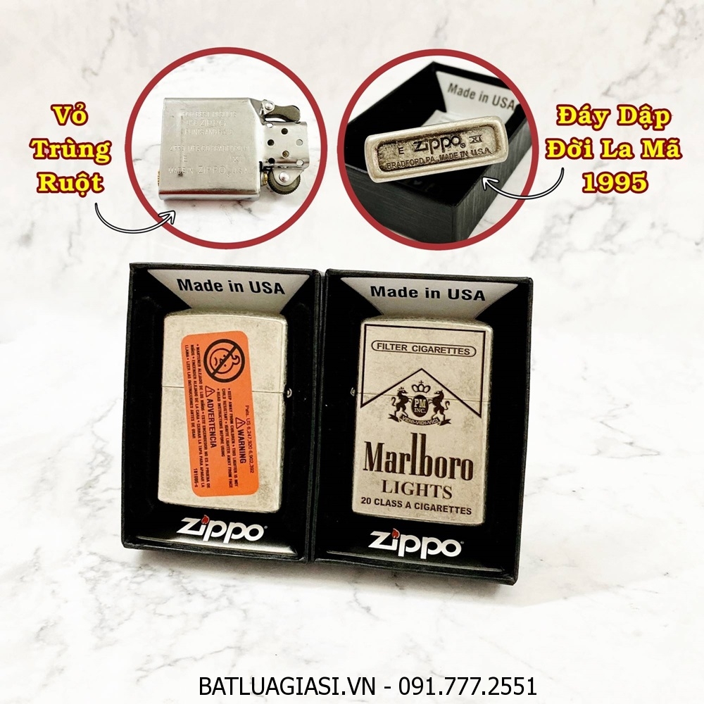 BẬT LỬA ZIPPO MỸ BẠC CỔ LOGO MARLBORO MẪU 1 - ĐỜI LA MÃ 1995 - RUỘT USA (CÓ TEM ĐỎ) - (XÀI XĂNG) #BẠC CỔ