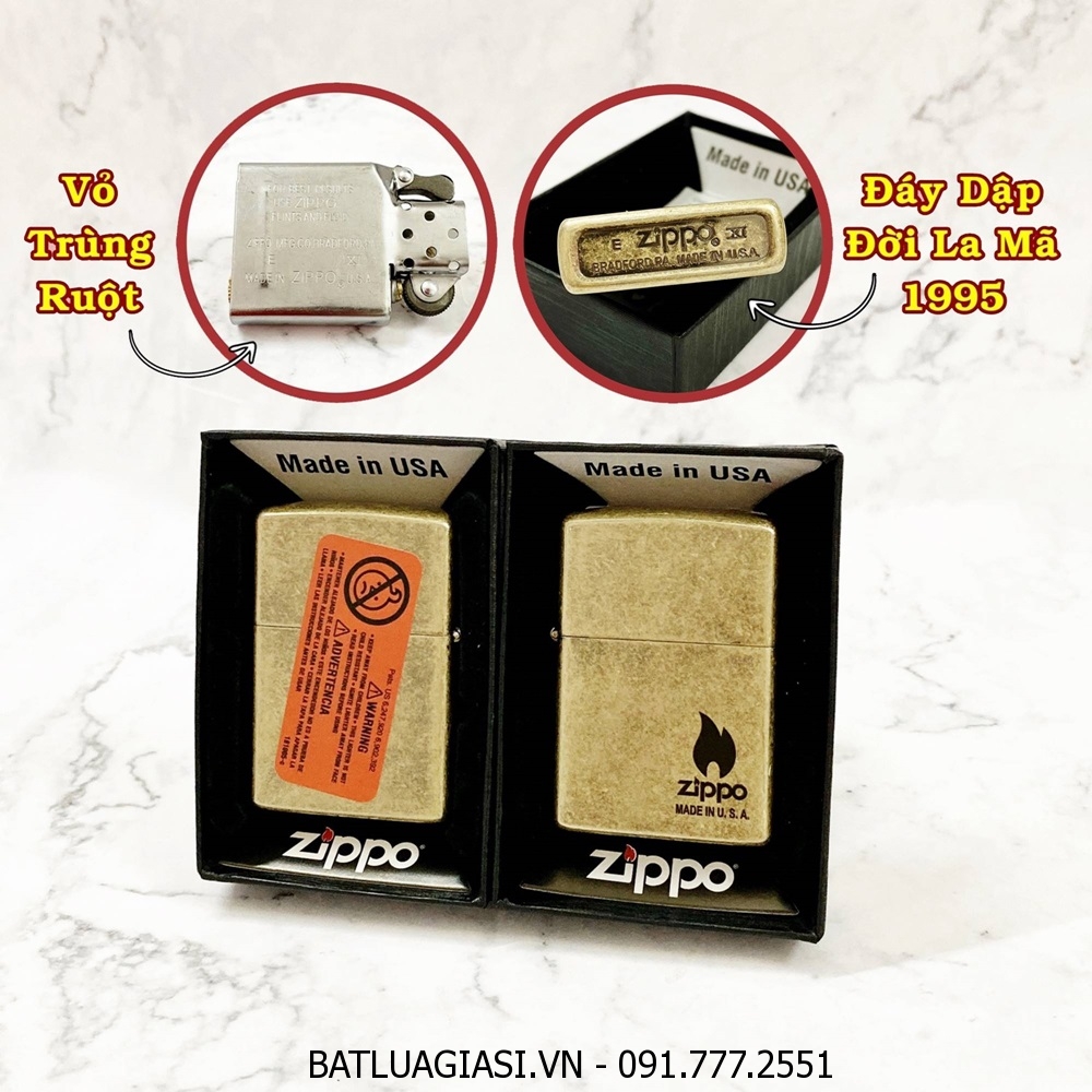 BẬT LỬA ZIPPO MỸ VÀNG CỔ LOGO NGỌN LỬA - ĐỜI LA MÃ 1995 - RUỘT USA (CÓ TEM ĐỎ) - (XÀI XĂNG) #VÀNG CỔ