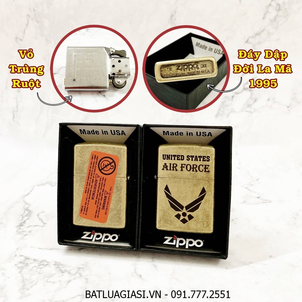 BẬT LỬA ZIPPO MỸ VÀNG CỔ U.S AIR FORCE (KHÔNG QUÂN MỸ) - ĐỜI LA MÃ 1995 - RUỘT USA (CÓ TEM ĐỎ) - (XÀI XĂNG) #VÀNG CỔ