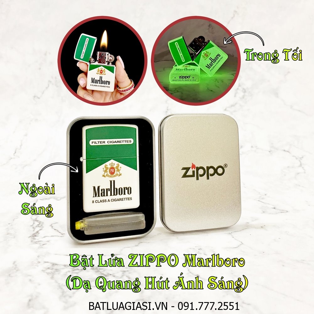 BẬT LỬA ZIPPO MARLBORO XANH - DẠ QUANG HÚT ÁNH SÁNG (CÓ MỘC ĐÁY) - (HỘP THIẾC KÈM XĂNG)