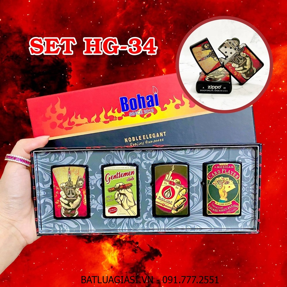 BỘ 4 BẬT LỬA ZIPPO SƠN TĨNH ĐIỆN 2 MẶT KIỂU VINTAGE (CÓ MỘC ĐÁY) - (XÀI XĂNG) SET HG-34