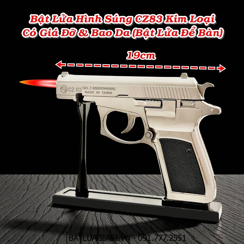 BẬT LỬA HÌNH SÚNG CZ83 KIM LOẠI CÓ BAO DA VÀ GIÁ ĐỠ (SIZE: 19CM) FULLBOX (BẬT LỬA ĐỂ BÀN) - (XÀI GAS) #BẠC BÓNG