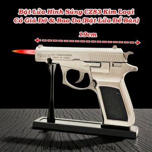 BẬT LỬA HÌNH SÚNG CZ83 KIM LOẠI CÓ BAO DA VÀ GIÁ ĐỠ (SIZE: 19CM) FULLBOX (BẬT LỬA ĐỂ BÀN) - (XÀI GAS) #BẠC BÓNG