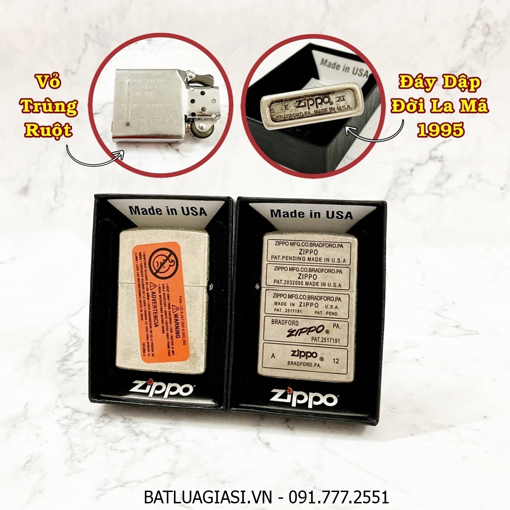 BẬT LỬA ZIPPO MỸ BẠC CỔ KHẮC 5 MỘC ĐÁY ZIPPO QUA CÁC THỜI KỲ - ĐỜI LA MÃ 1995 - RUỘT USA (CÓ TEM ĐỎ) - (XÀI XĂNG)