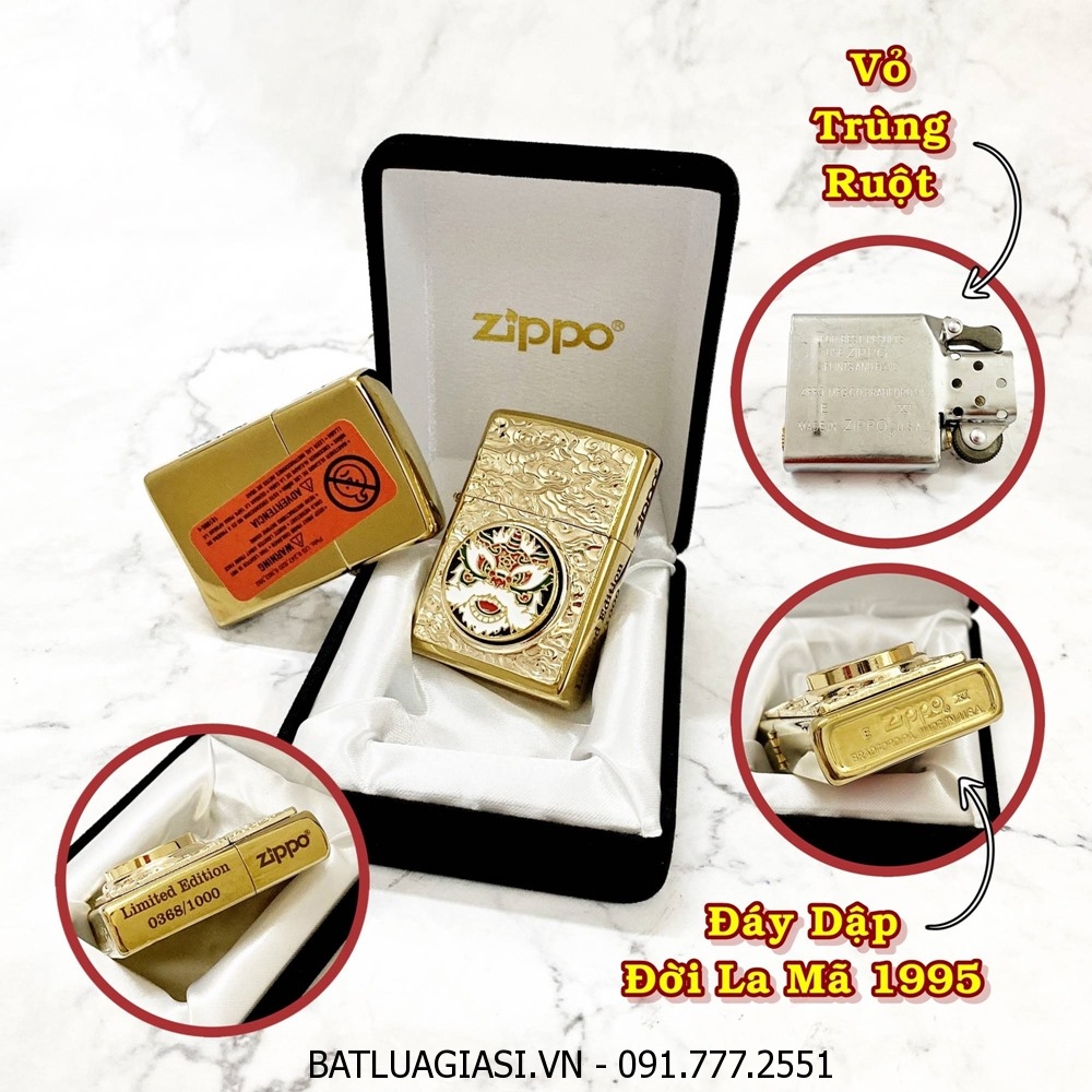 BẬT LỬA ZIPPO MỸ LIMITED EDITION HÌNH ĐẦU LÂN XOAY - ĐỜI LA MÃ 1995 - RUỘT USA (CÓ TEM ĐỎ) - (XÀI XĂNG)