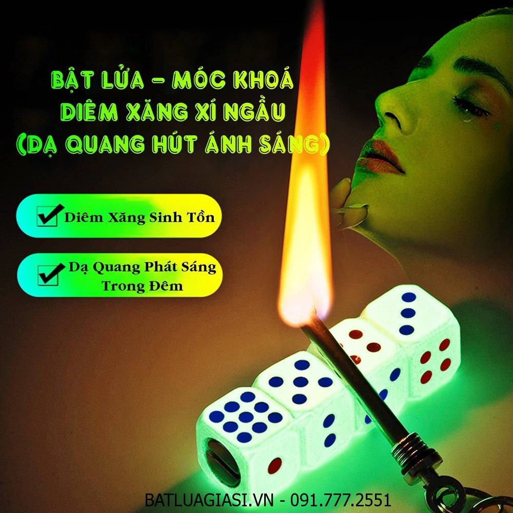 BẬT LỬA - MÓC KHOÁ DIÊM XĂNG XÍ NGẦU (DẠ QUANG HÚT ÁNH SÁNG) - (XÀI XĂNG)