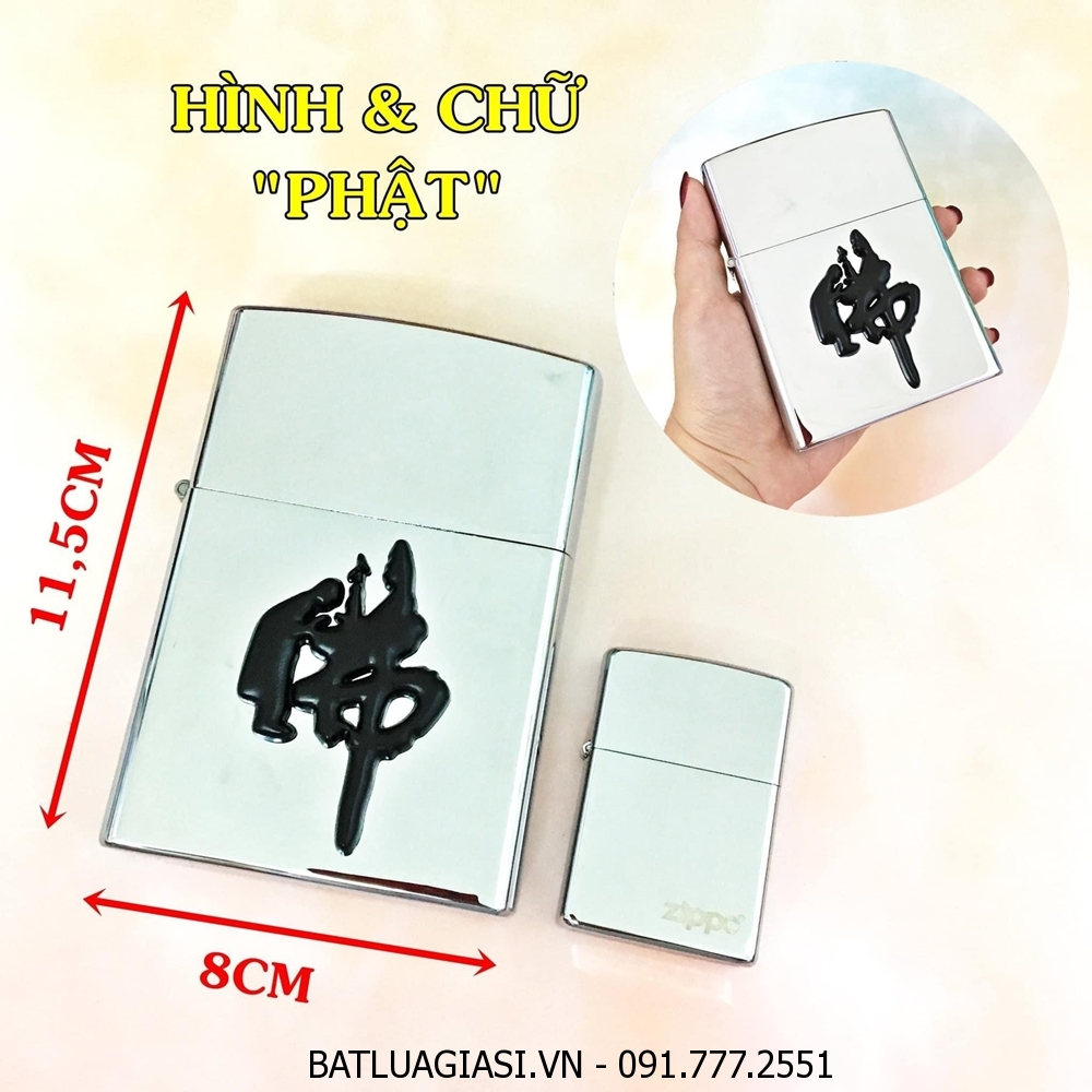 BẬT LỬA ZIPPO KHỔNG LỒ BẠC BÓNG HÌNH PHẬT (SIZE: 8CM X 11,5CM) NẶNG: 500 GAM - (XÀI XĂNG) #ĐEN