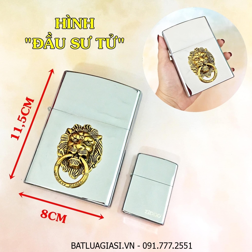 BẬT LỬA ZIPPO KHỔNG LỒ BẠC BÓNG HÌNH ĐẦU SƯ TỬ (SIZE: 8CM X 11,5CM) NẶNG: 500 GAM - (XÀI XĂNG)