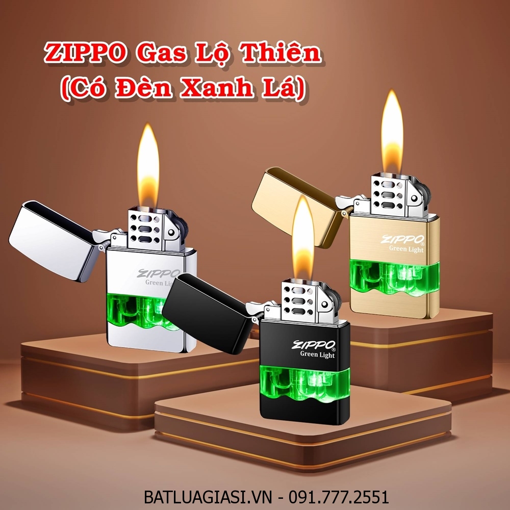 BẬT LỬA ZIPPO GAS LỘ THIÊN KIỂU GỢN SÓNG (CÓ ĐÈN XANH LÁ) - (XÀI GAS)