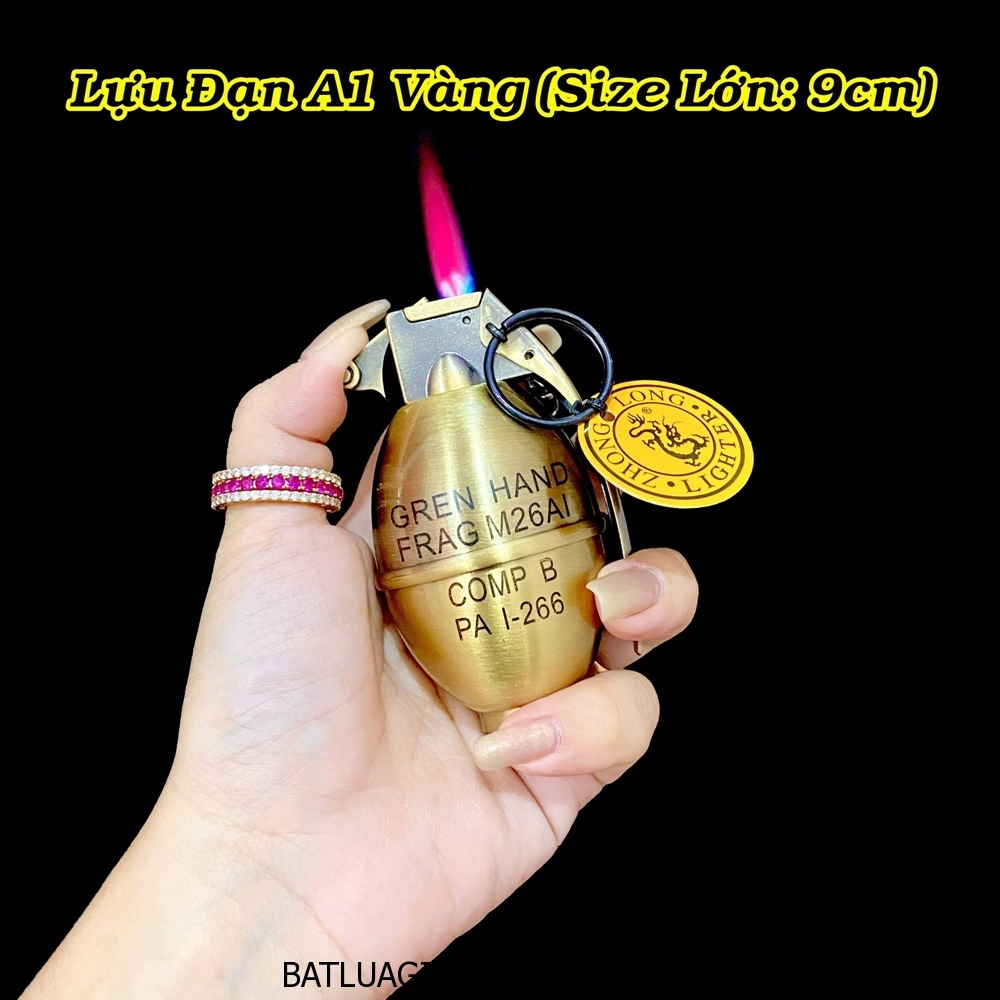 BẬT LỬA KHÈ - MÓC KHÓA HÌNH TRÁI LỰU ĐẠN A1 VÀNG (SIZE LỚN) - (XÀI GAS)