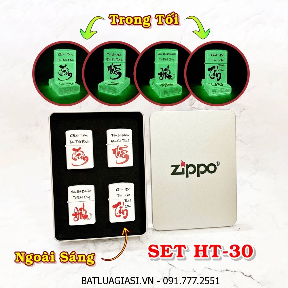 BỘ 4 BẬT LỬA ZIPPO CHỮ THƯ PHÁP CÁC KIỂU (DẠ QUANG HÚT ÁNH SÁNG) (TÂM - NHẪN - ĐỨC - TÍN) (HỘP THIẾC) - (XÀI XĂNG) SET HT-30