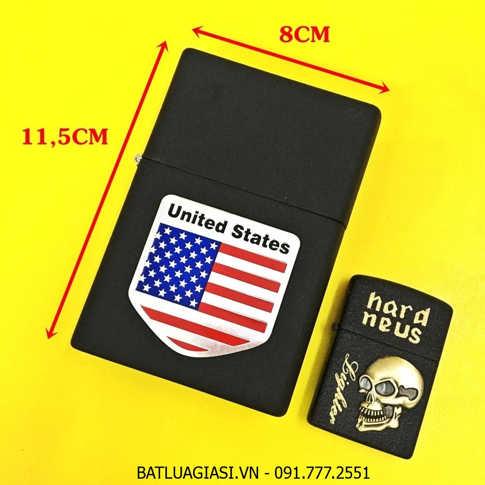 BẬT LỬA ZIPPO KHỔNG LỒ ĐEN NHÁM HÌNH CỜ MỸ (SIZE: 8CM X 11,5CM) NẶNG: 500GAM - (XÀI XĂNG)