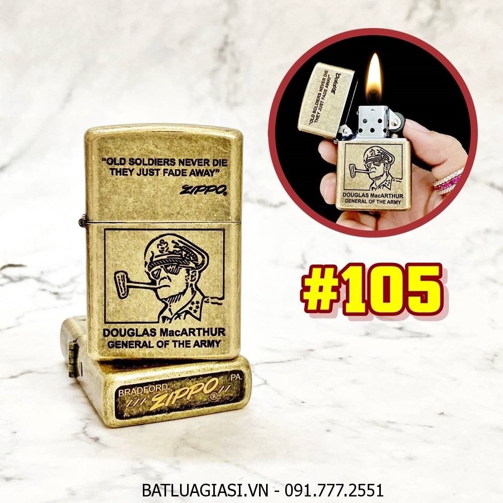 BẬT LỬA ZIPPO VÀNG CỔ HÌNH ĐẠI TƯỚNG DOUGLAS MACARTHUR (ĐẠI TƯỚNG QUÂN ĐỘI MỸ) (CÓ MỘC ĐÁY) - (XÀI XĂNG) #105