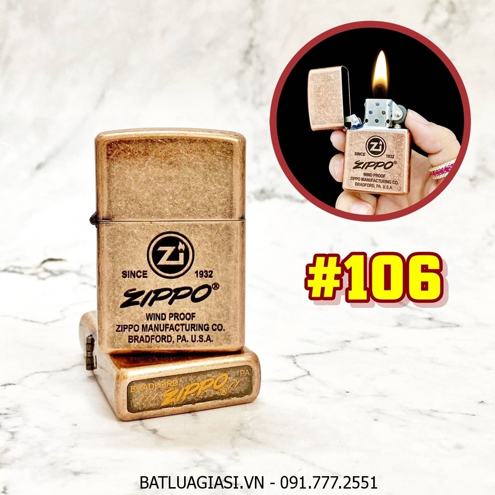 BẬT LỬA ZIPPO ĐỒNG CỔ LOGO ZIPPO CHỮ XÉO (CHỮ NGHIÊNG) (CÓ MỘC ĐÁY) - (XÀI XĂNG) #106