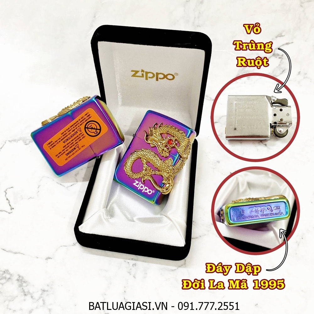 BẬT LỬA ZIPPO MỸ HÌNH RỒNG NỔI CẨN NGỌC - ĐỜI LA MÃ 1995 - RUỘT USA (CÓ TEM ĐỎ) - (XÀI XĂNG) #7 MÀU