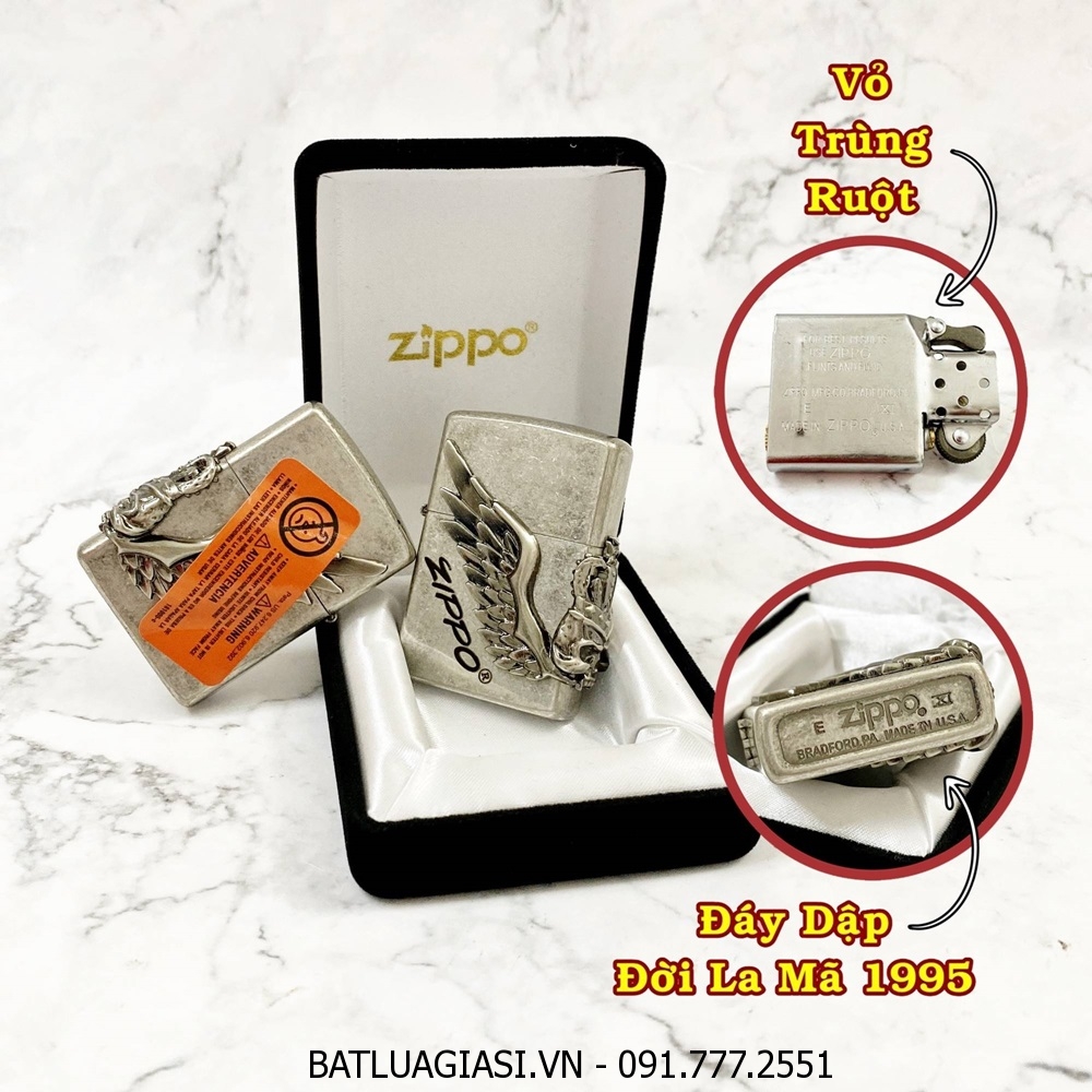 BẬT LỬA ZIPPO MỸ BẠC CỔ HÌNH NỔI \