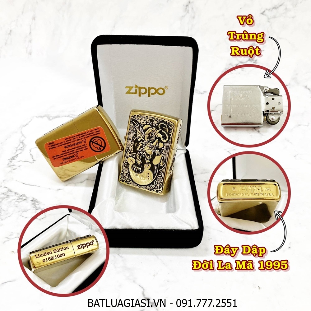 BẬT LỬA ZIPPO MỸ LIMITED EDITION HÌNH TỲ HƯU GIỮ TIỀN - ĐỜI LA MÃ 1995 - RUỘT USA (CÓ TEM ĐỎ) - (XÀI XĂNG) #VÀNG