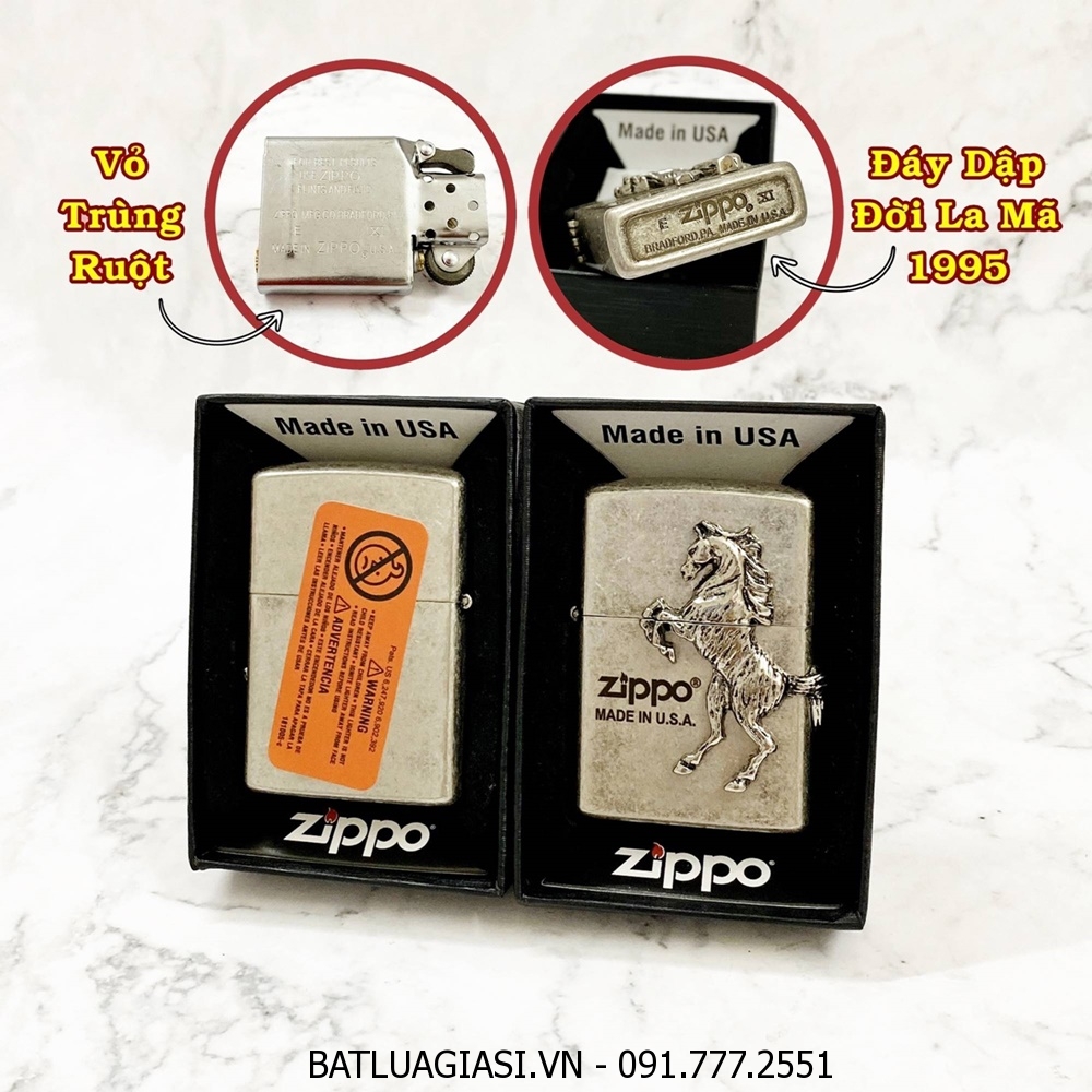 BẬT LỬA ZIPPO MỸ BẠC CỔ HÌNH NỔI CON NGỰA \