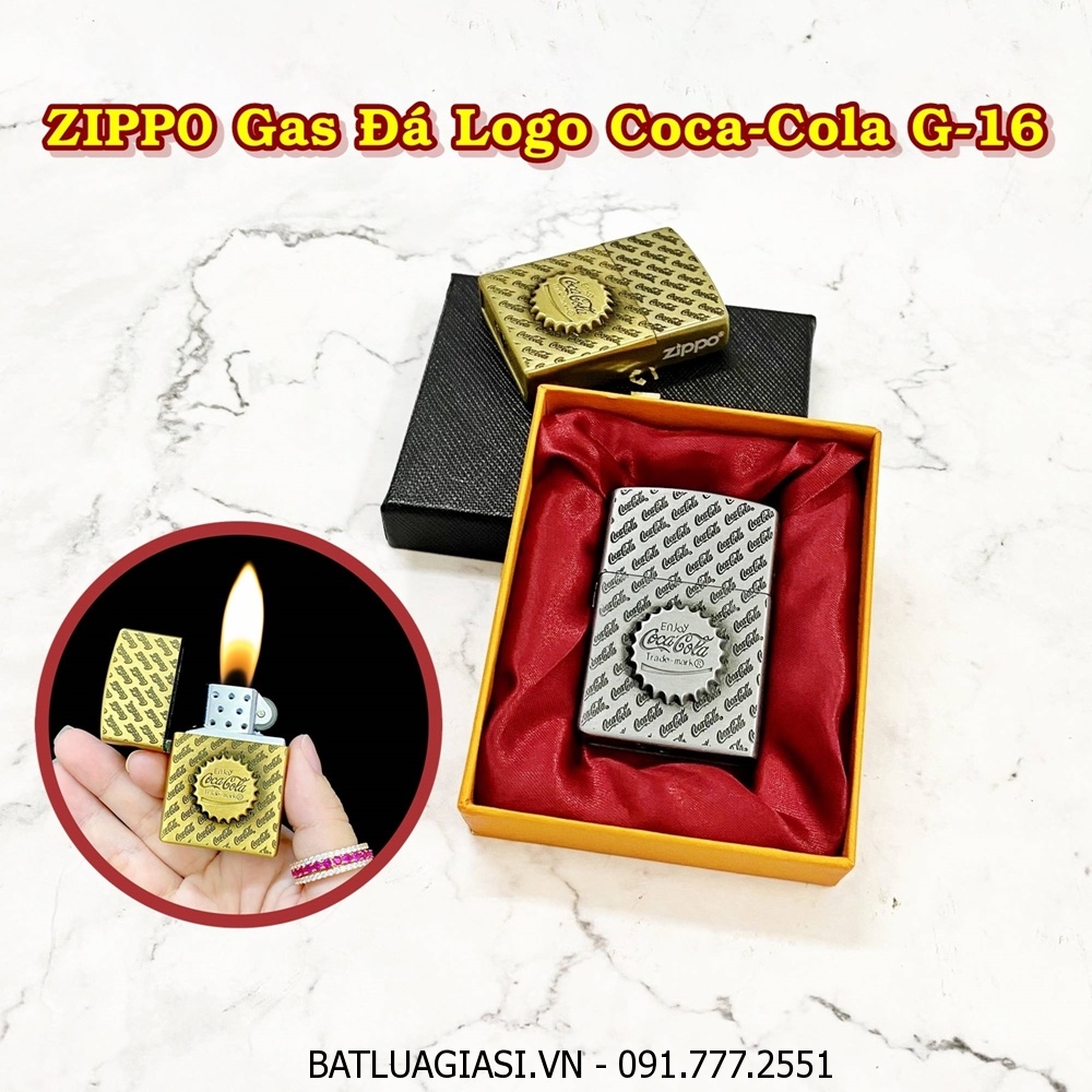 BẬT LỬA ZIPPO GAS ĐÁ LOGO COCA-COLA G-16 (CÓ HỘP) - (XÀI GAS)