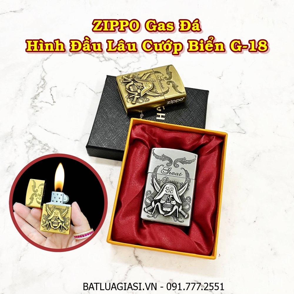 BẬT LỬA ZIPPO GAS ĐÁ HÌNH ĐẦU LÂU CƯỚP BIỂN G-18 (CÓ HỘP) - (XÀI GAS)