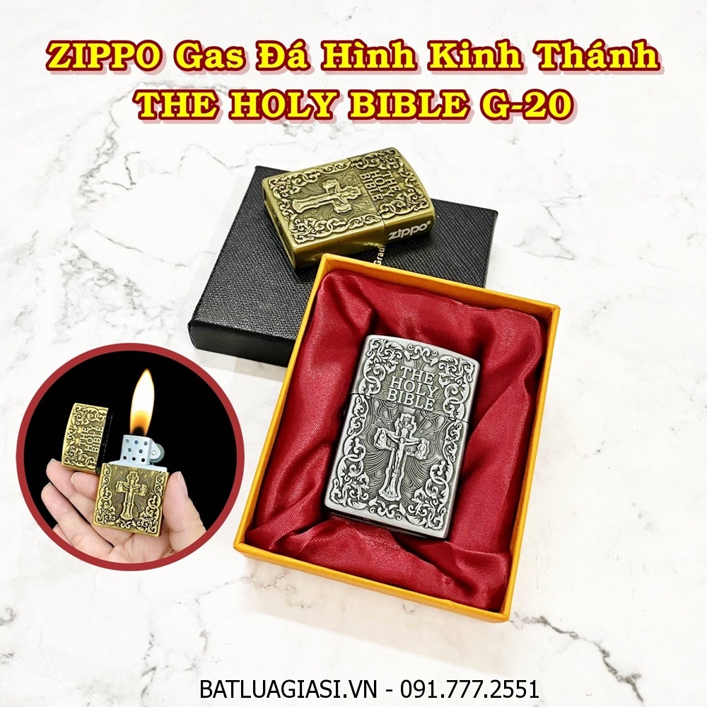 BẬT LỬA ZIPPO GAS ĐÁ HÌNH KINH THÁNH THE HOLY BIBLE G-20 (CÓ HỘP) - (XÀI GAS)