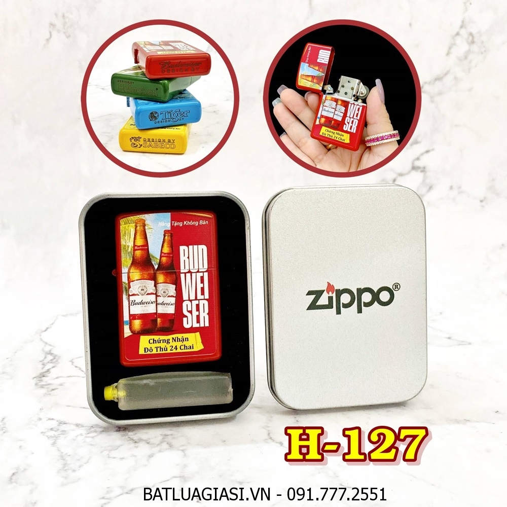 BẬT LỬA ZIPPO 2 MẶT THƯƠNG HIỆU BIA BUDWEISER (QUÀ TẶNG TỪ BIA) - (HỘP THIẾC KÈM XĂNG) H-127